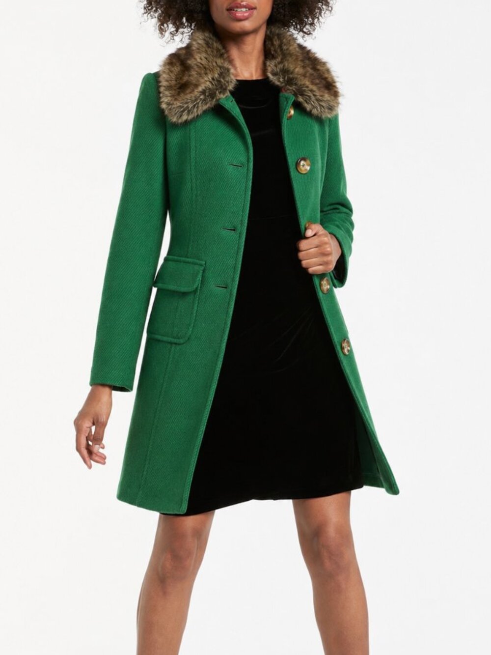 BODEN Kelly Green Wool Pea Coat with Faux Fur Trim